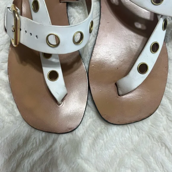 Celine White Leather Grommet Sandals 37.5 Flat Ankle Strap Made in Italy - Picture 10 of 16
